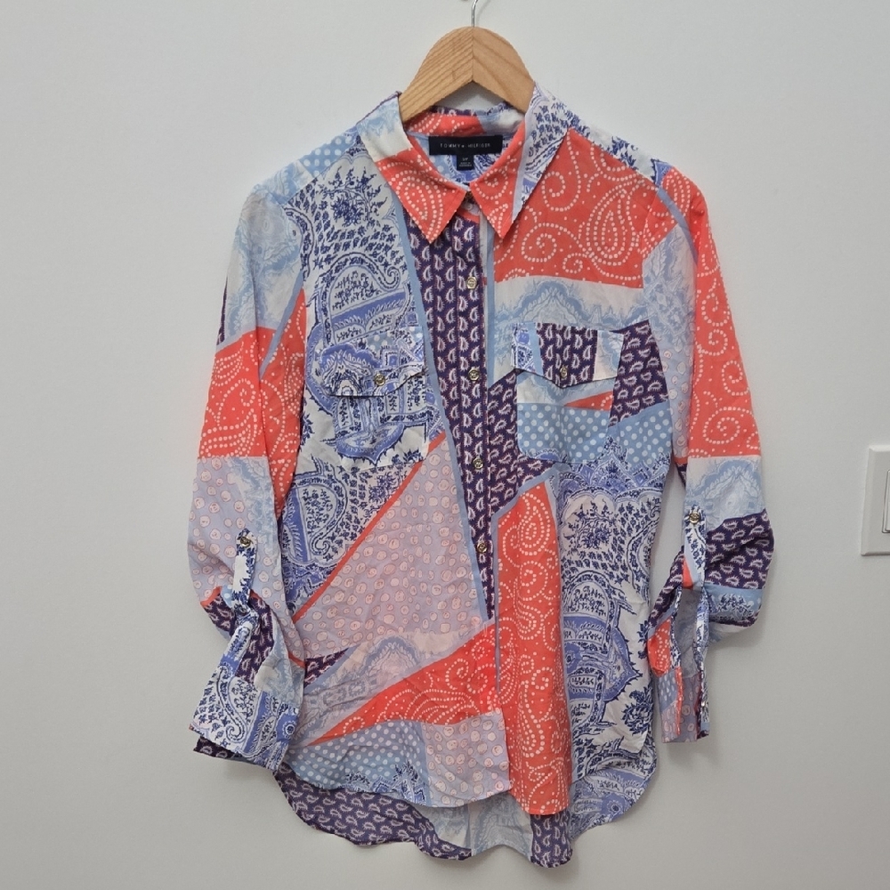 🥊NEW Tommy Hilfiger Women's Patchwork Blouse - Pink,Orange,Blue & White Pasley